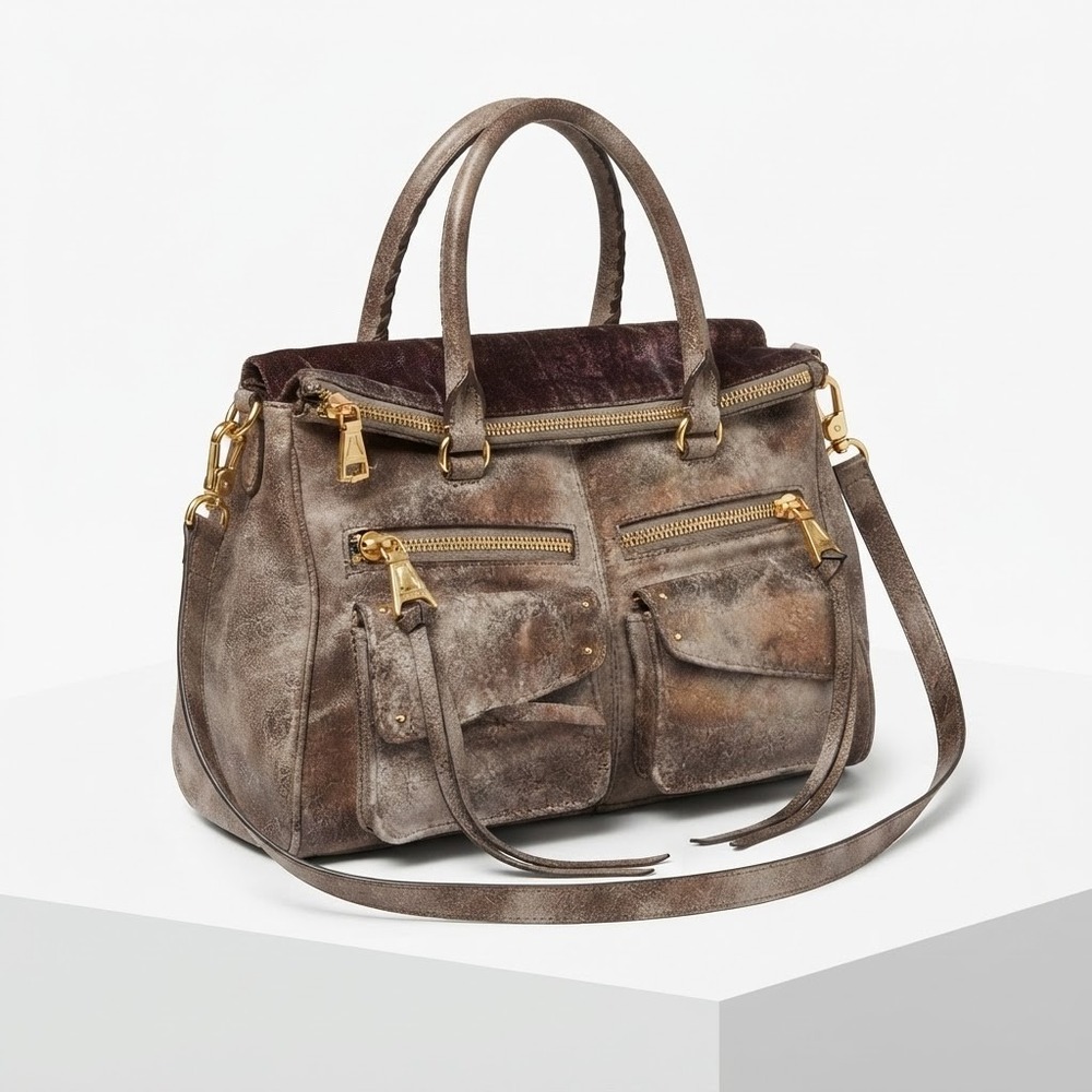 Aimee Kestenberg Women Riviera Satchel Gunmetal Leather Distressed Metallic